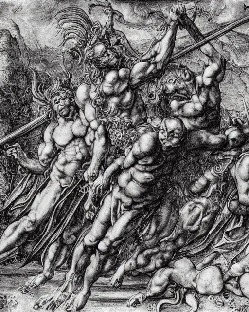 Prompt: devil fighting angels, hyper realism, epic composition, fine details, extremely detailed, black and white, very sharp, in the style of albrecht durer