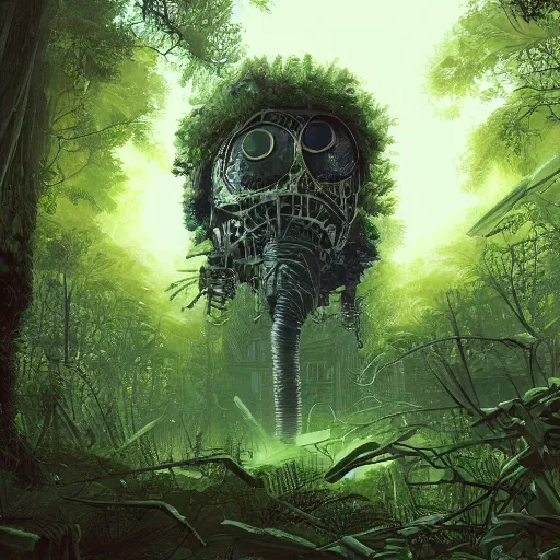 Prompt: in the style of ghostshrimp and laurie greasley a giant decaying robot head in an enchanting and lush forest that has been turned into a quaint house, highly detailed, 8k wallpaper