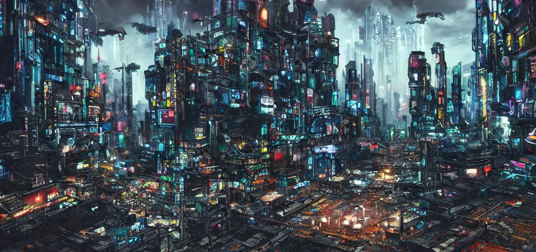 Image similar to upcycled city landscape, cyberpunk, cinematic shot, hyper realistic, hyper detailed