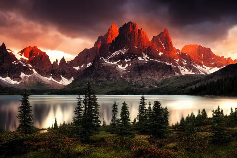 Image similar to landscape photography by marc adamus, mountains, a lake, dramatic lighting, mountains, a tree in the foreground