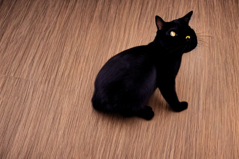 Image similar to a cute black cat meowing while standing on the shiny wooden house floor with some carpeting around it, photograph, 4 k