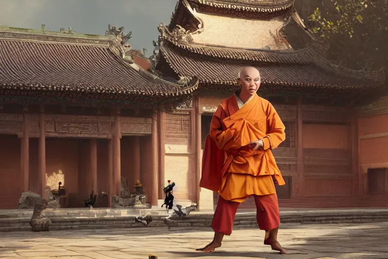 Image similar to A MONKEY!!!!! dressed as a shaolin monk, standing in front of an ancient chinese palace, cinematic lighting, artstation, greg rutkowski