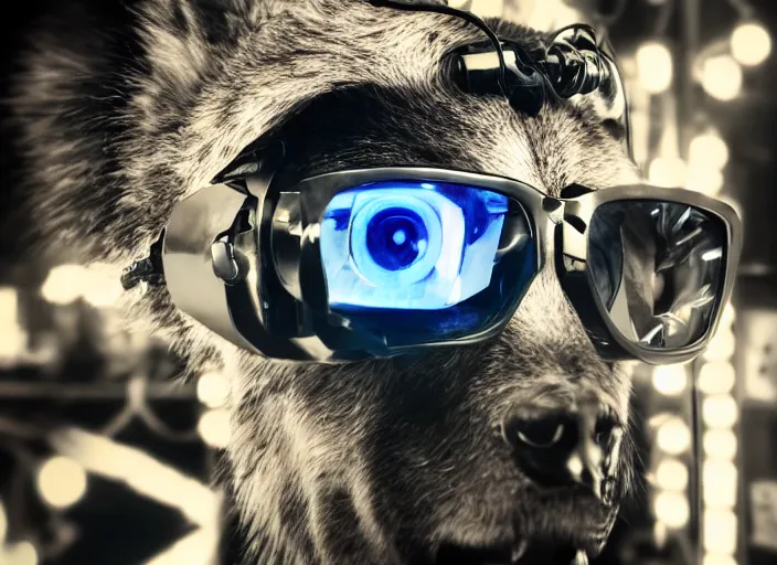 Prompt: portrait of cybernetic wolf with cyberpunk glasses, reflective lens, bokeh, mechanical parts, neon wires, dark fur, closeup portrait, editorial photography, award winning, establishing shot, dark mood, dark sci fi