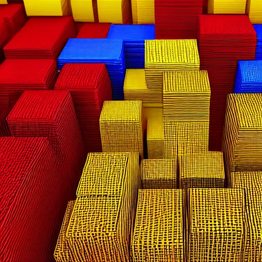 Prompt: a bunch of yellow and red boxes stacked on top of each other, a raytraced image by huang ding, cgsociety, generative art, rendered in cinema 4 d, terragen, physically based rendering