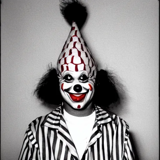 Image similar to midget conehead clown circus , 50mm film photography