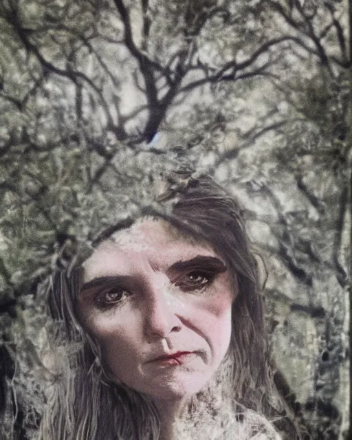 Image similar to a beautiful and eerie baroque painting of a gorgeous young woman who looks like shirley henderson, with wild hair and haunted eyes, 1 9 7 0 s, woodland, afternoon light, mixed media embellishments