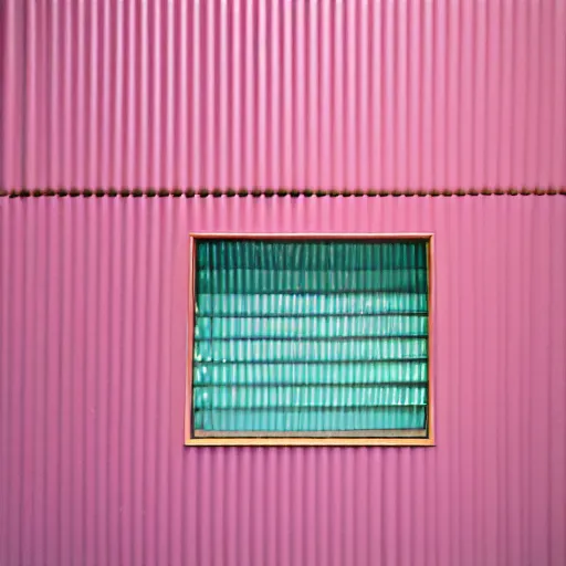 Prompt: a high definition pastel coloured kodak photograph from a holiday photo album. the photo is a medium frame, 5 0 mm depicting the interior of an minimalistic alien hotel. the hotel was designed by wes anderson. iridescent corrugated glass, pink concrete, foam. 8 k. top voted.
