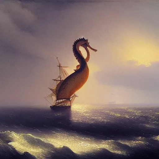 Prompt: seahorse kraken by ivan aivazovsky