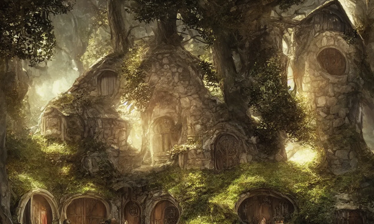 Image similar to The house of the Hobbit Bilbo Baggins, highly detailed, digital painting, artstation, concept art, smooth, sharp focus ilustration, Artstation HQ