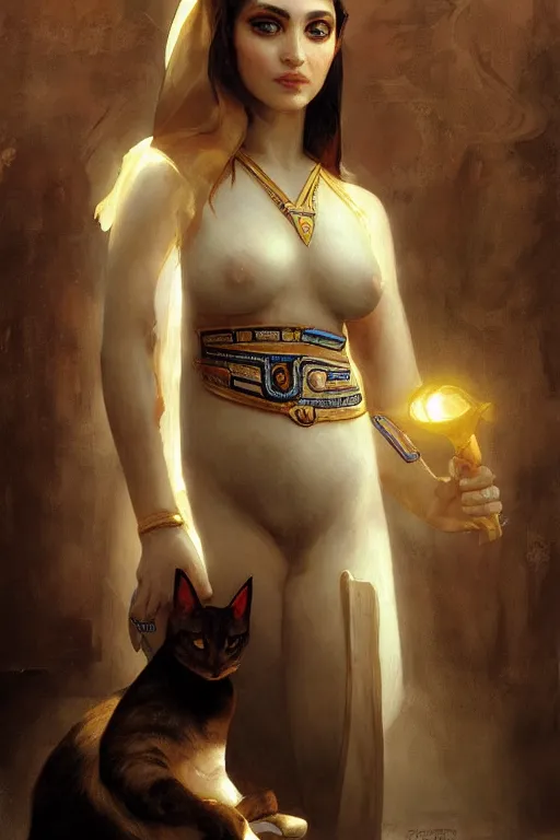 Prompt: portrait of the beautiful egyptian goddess, bastet, bast, woman / cat hybrid, soft torchlight in an egyptian tomb, digital art by ruan jia and mandy jurgens and artgerm and william - adolphe bouguereau, highly detailed, trending on artstation, award winning,