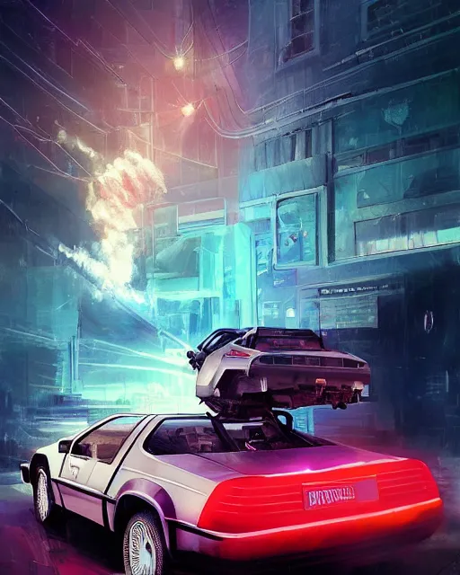 Prompt: donald trump and doc emmett brown in a flying delorean, neon lights, illustration, rim light, top light, perfectly shaded, spring time, slight overcast lighting, soft painting, art by krenz cushart and wenjun lin