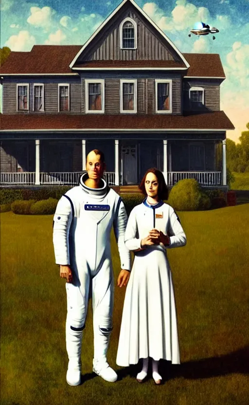 Image similar to an astronaut couple in front of farm house American Gothic style, spaceship in background, 8k, digital art, drawn by j.c. leyendecker, amazing quality