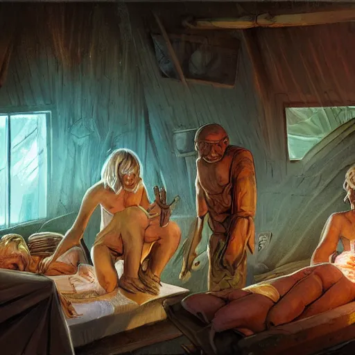 Image similar to primitive extraterrestrial villagers caring for weak and severely injured butch blond woman at bedside, inside primitive hut, dramatic lighting, illustration, ron cobb, mike mignogna, science fiction, detailed painting, high detail, coherent, rough paper