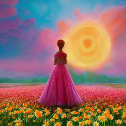 Prompt: crown made of giant daisy flower, full body girl standing in a flower field, surreal photography, sunrise, dramatic light, impressionist painting, colorful clouds, digital painting, artstation, simon stalenhag