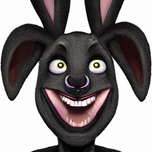 Image similar to A extremely highly detailed majestic hi-res beautiful, highly detailed head and shoulders portrait of a scary terrifying, horrifying, creepy crazy black cartoon rabbit with scary big eyes, earing a shirt laughing maniacally , let's be friends, in the style of Walt Disney