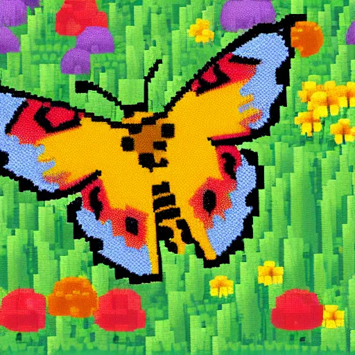 Prompt: pixel art of a butterfly in a field of wild flowers, ghibli color scheme