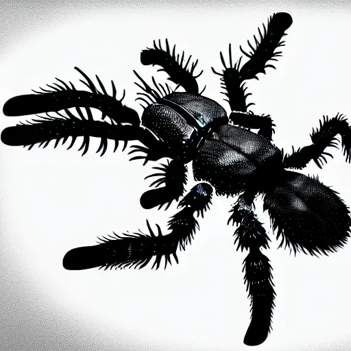 Image similar to book illustration of a tarantula with a machine gun mounted on its back. book illustration, monochromatic, white background, black and white image