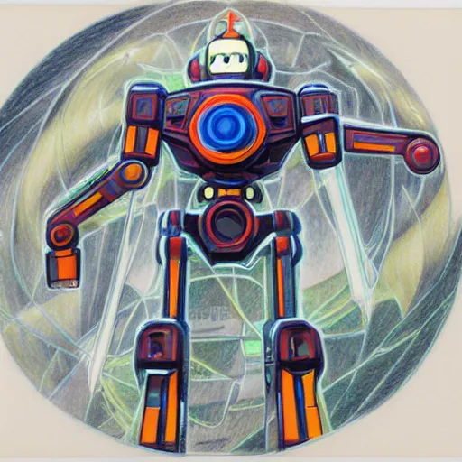 Image similar to an intricate color pencil drawing of a giant anime robot with rounded and circular parts