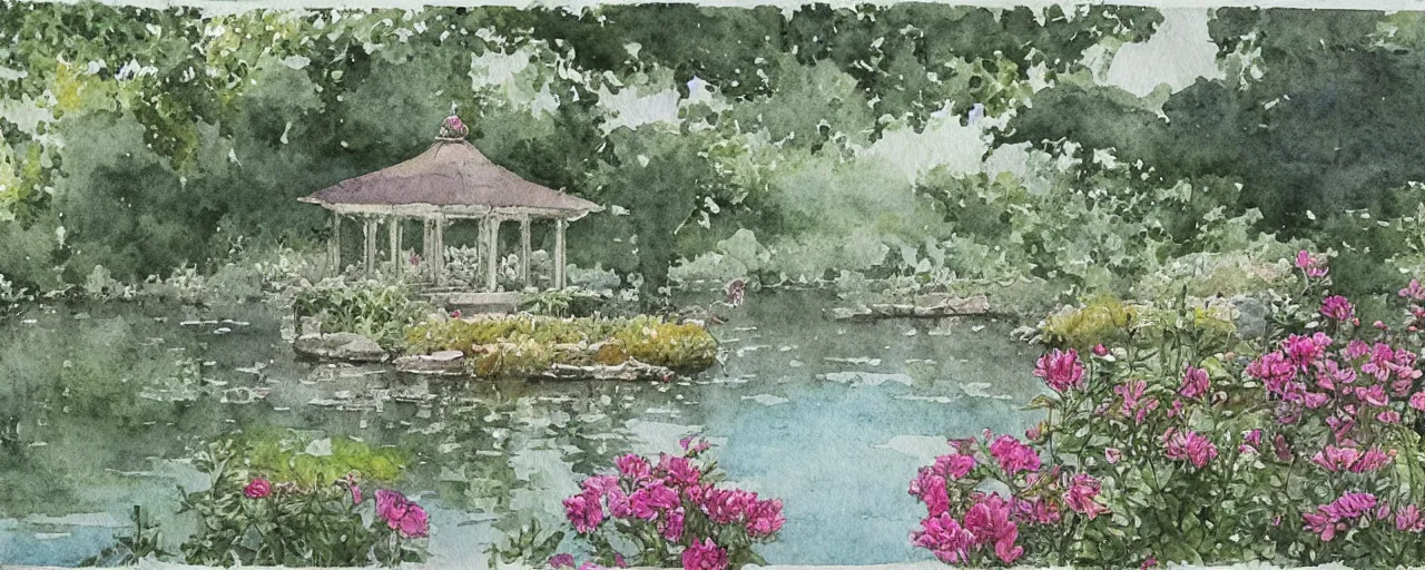 Image similar to isomeric view, delicate lake in a botanic garden, garden road, sparrows, temple in a botanical herbarium paper, watercolor colored painting, iridescent colors, 8 k, realistic shaded, fine details, artstation, italian style, colonnade, flowers, huge architecture