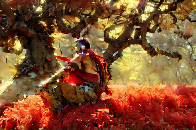 Image similar to a male warrior relaxing under a huge tree with red flowers, god ray, ground covered with snow, extreme long shot, fantasy, painting by gaston bussiere, craig mullins, j. c. leyendecker, trending on artstation