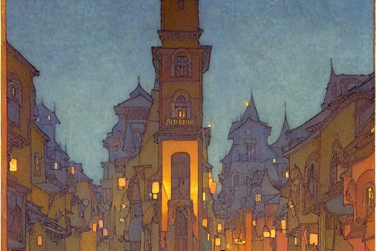 Image similar to winding street at twilight in a very old city by Edmund Dulac and Nicholas Roerich and jean delville, glowing paper lanterns, strong dramatic cinematic lighting , ornate tiled architecture, lost civilizations, smooth, sharp focus, extremely detailed