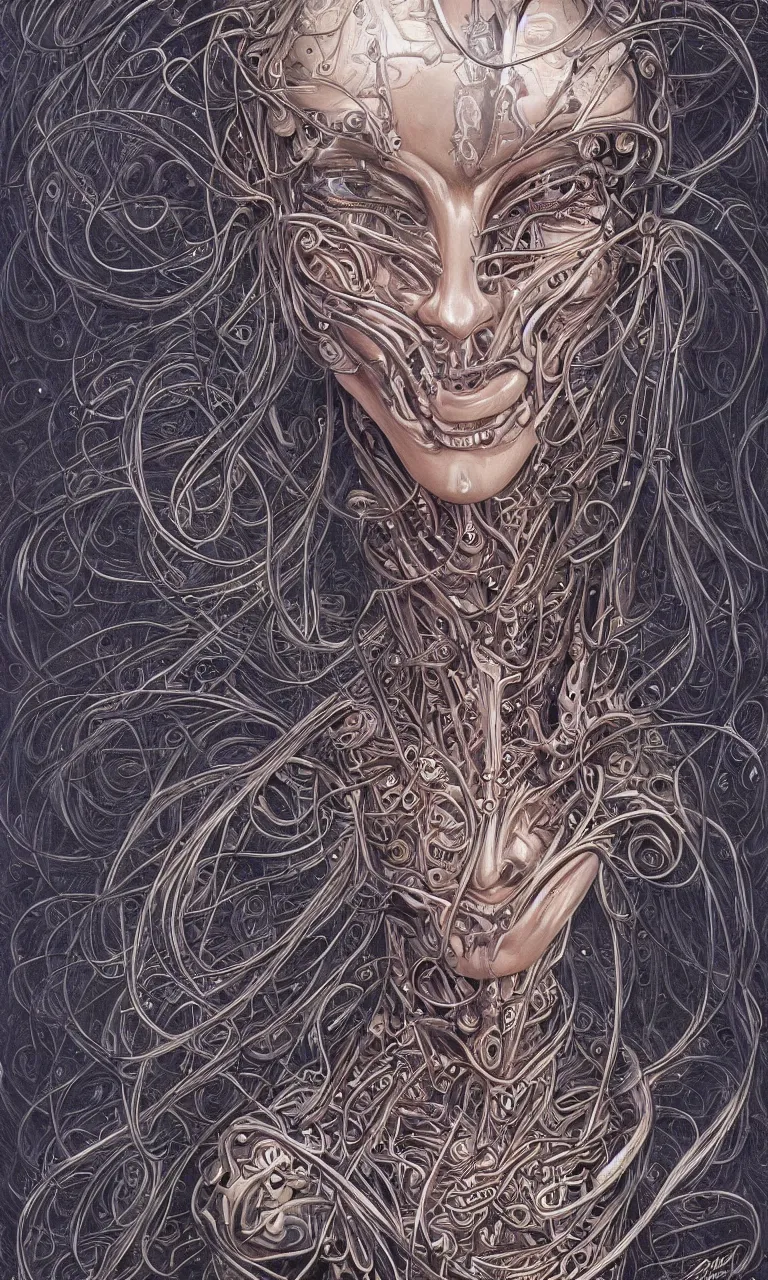 Prompt: perfectly centered portrait front view of a beautiful biomechanical alien android female robot, flowing hair, intense stare, sweet smile, symmetrical, concept art, intricate detail, volumetric shadows and lighting, realistic oil painting by alex grey and gustave dore,