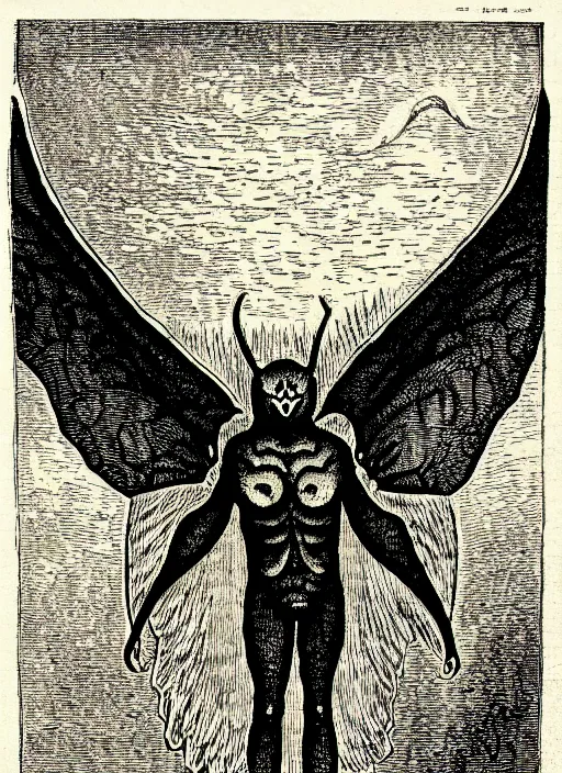 Image similar to illustration of mothman as a demon from the dictionarre infernal, etching by louis le breton, 1 8 6 9, 1 2 0 0 dpi scan, ultrasharp detail, clean scan