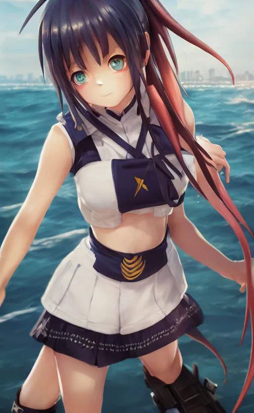 Image similar to highly detailed, character art, octane, stunning, realistic lightning, realistic ocean, characters from azur lane, matte, sharp focus, intricate, 150mm, illustration, artstation, professional digital painting, art by masashi kishimoto and kuvshinov ilya, realistic anatomy, smooth, female sailor uniforms, explosions, a single girl in the view