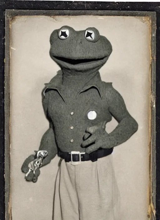 Image similar to grainy 1940’s WWII military portrait of an anthropomorphic frog muppet dressed like a soldier, professional portrait HD, frog, frog head, authentic, Kermit, muppet