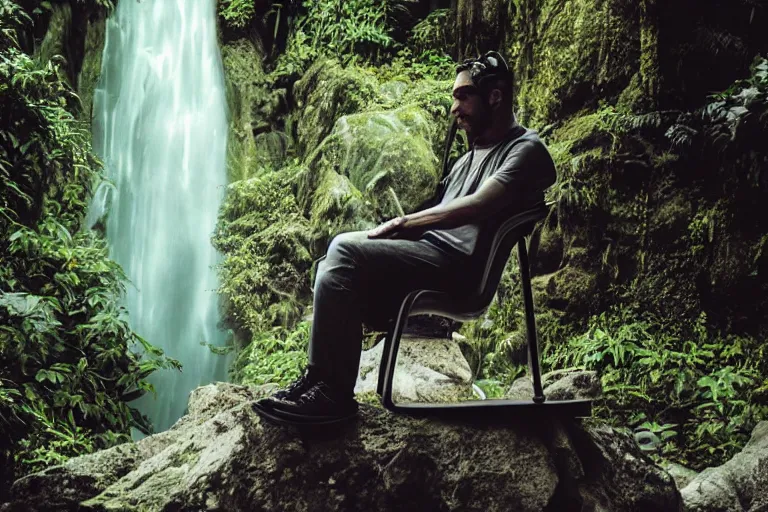 Prompt: movie closeup young man with a grey beard in a cyberpunk suit sitting on a futuristic chair at the edge of a jungle waterfall 8 5 mm by emmanuel lubezki