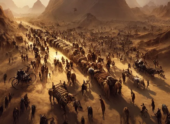 Image similar to overhead view of a the big large expedition with a very crowd of adventurers being brought by gigantic mammals carrying stuff towards the desert of duhnes medium shot, key art by craig mullins, bloom, dramatic lighting, cinematic, high details