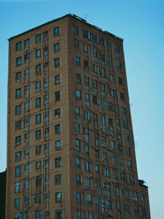 Image similar to soviet panel apartment building photo, extreme wide shot, golden hour, kodak gold 2 0 0, side - view