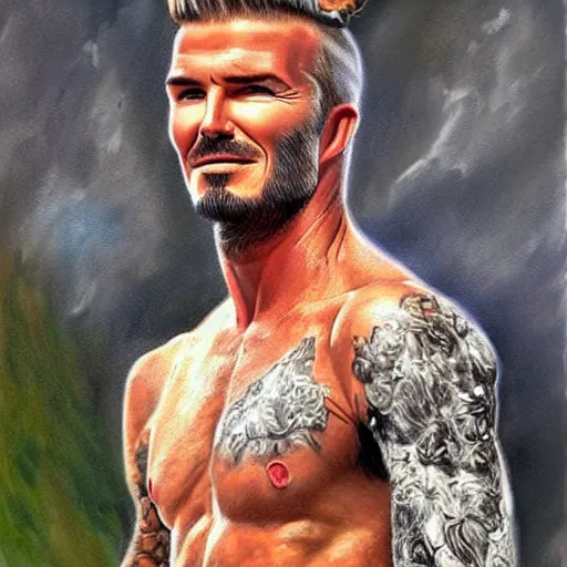 Image similar to beautiful lifelike painting of david beckham human horse centaur, majestic cinematic, hyperreal detailed facial features and uv lighting, art by ed roth and basil wolverton