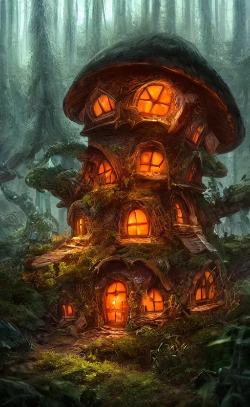 Image similar to a mushroom house in the middle of a forest at night, the lights are on, dynamic lighting, photorealistic fantasy concept art, trending on art station, stunning visuals, creative, cinematic, ultra detailed