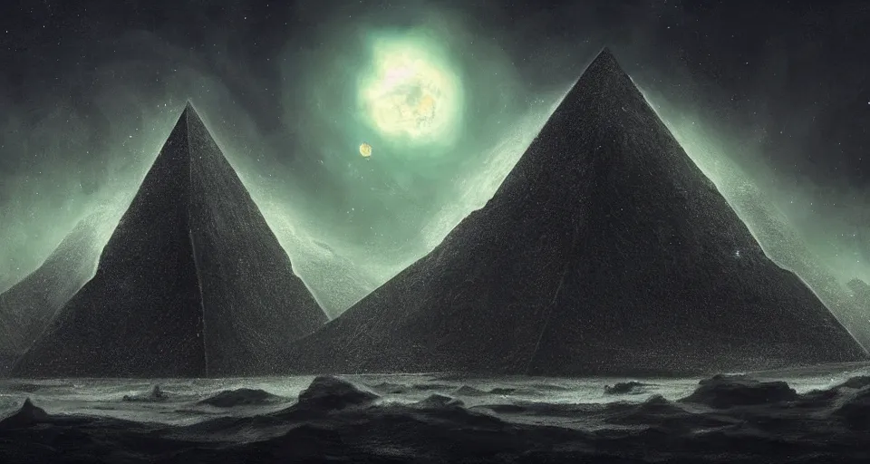 Image similar to black lovecraftian eldritch!! large obsidian pyramid!! surrounded by black motionless sea, endless cosmic sinister space!, bright stars, infinite nebula, sky background by eugene von guerard, ivan shishkin, night, concept art, trending on artstation, 8 k