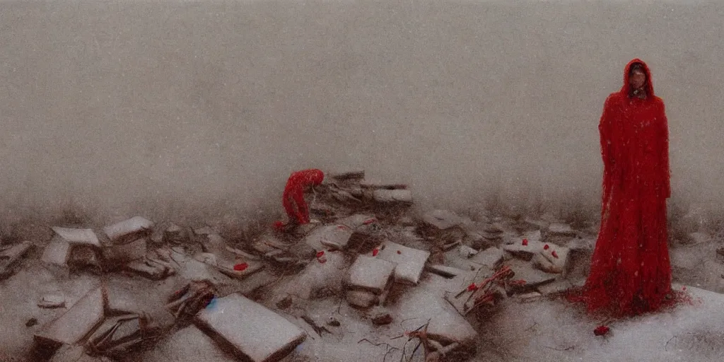 Image similar to a surrealist painting of a lonely woman with white skin and red hair standing over pile of bodies in post apocalyptic snowy landscape, painted by beksinski