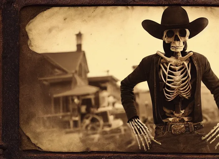 Image similar to hybrid pixar tintype photograph of an renegade skeleton cowboy outlaw at a busy saloon in the old west, alcohol, old player piano, wide angle, volumetric lighting, cinematic, bokeh, octane render