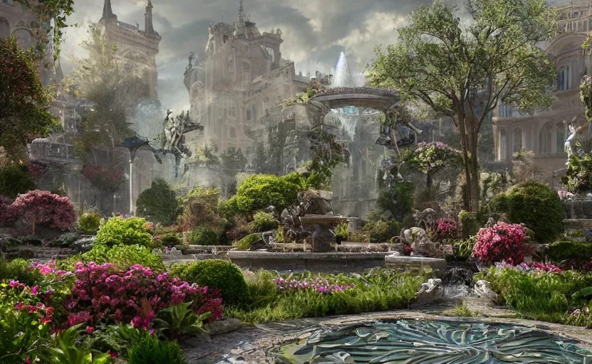 Image similar to A beautiful garden, next to a fountain and a mystical palace, hyperrealistic mixed media, stunning 3d render inspired art by P. Craig Russell and Barry Windsor-Smith + perfect facial symmetry + dim volumetric lighting, 8k octane beautifully detailed render, post-processing, extremely hyperdetailed, intricate futuristic mechanic parts, epic composition, grim yet sparkling atmosphere, cinematic lighting + masterpiece, trending on artstation