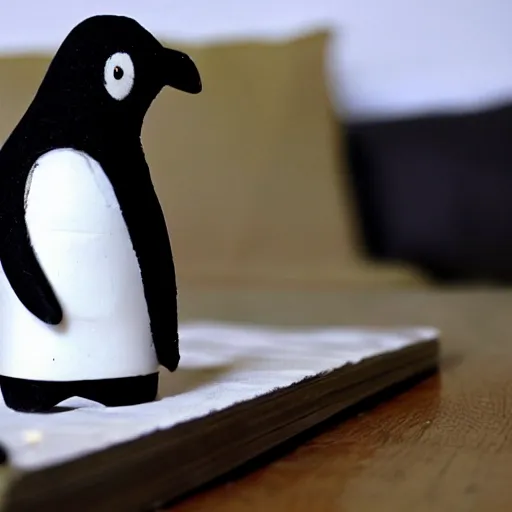 Prompt: a sad crying penguin holding a ruler, photo