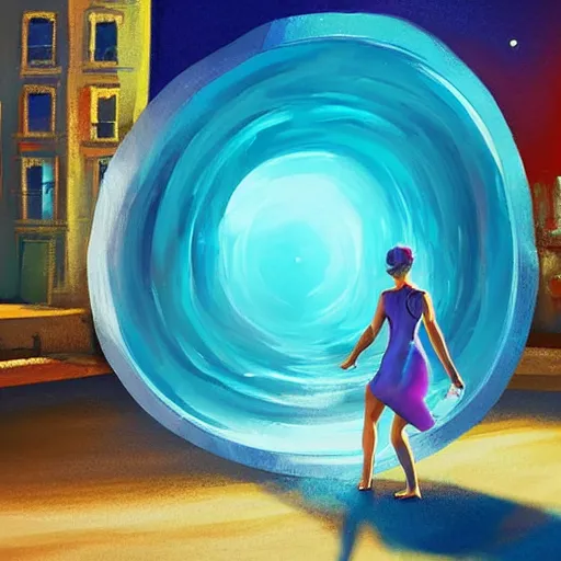 Image similar to a woman facing a blue interdimensional portal on the street, rip in spacetime beach at sunset, rutkowski, fantasy, rim lighting