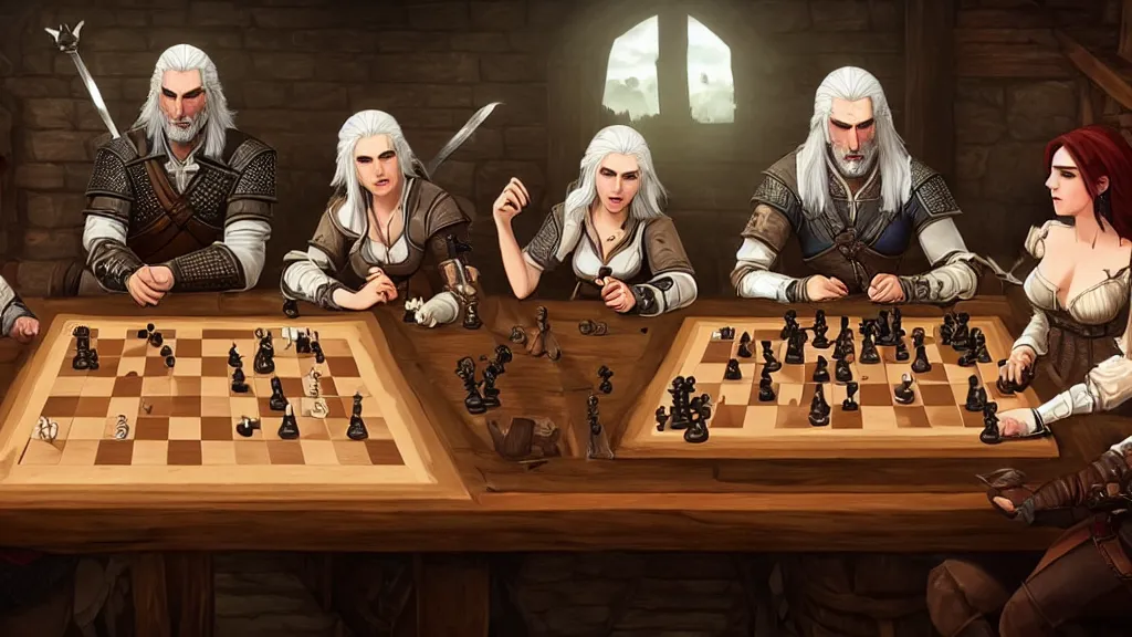 Image similar to Geralt of Rivia, yennefer, triss and Ciri playing chess in a tavern. geralt de rivia and ciri play at a table in the middle of the tavern, pixel art by Gerardo Quiroz, devian art, 4k