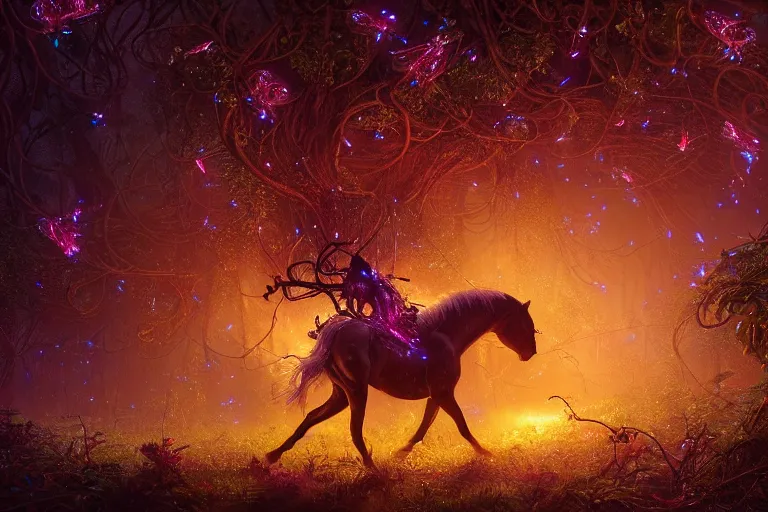 Image similar to a stunning swarm of fireflies forming a horse with a thick mane of bioluminescent vines and flowers running through the woods by greg rutkowski, high key lighting, volumetric light, digital art, highly detailed, fine detail, intricate, ornate, complex, octane render, unreal engine, photorealistic