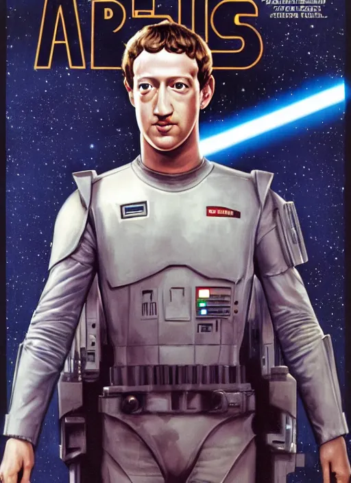Image similar to Mark Zuckerberg as the protagonist on a Star Wars poster, late 70s, space, scifi, detailed, movie