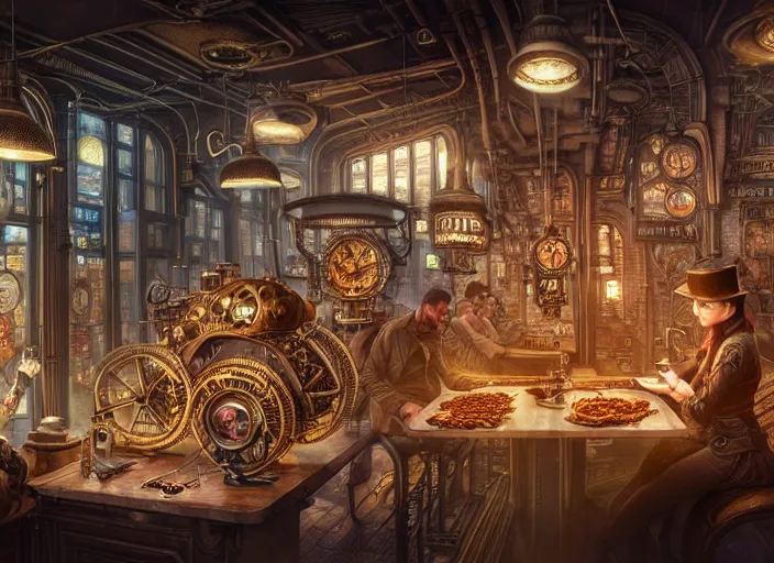 Image similar to an intricately detailed digital illustration of a steampunk metropolitan city - scape inside of a steampunk double bacon cheeseburger, ultra realistic, concept art, intricate details, eerie, highly detailed, photorealistic, octane render, 8 k, unreal engine. art by artgerm and greg rutkowski and charlie bowater and magali villeneuve and alphonse mucha