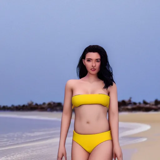 Prompt: real life photo of a beautiful girl, full body photoshoot, short black hair yellow tips, golden watery eyes, full round face, short smile, pale pink bikini, serene beach setting, cinematic lightning, medium shot, mid - shot, highly detailed, trending on artstation, unreal engine 4 k, 8 0 mm, 8 5 mm, cinematic wallpaper