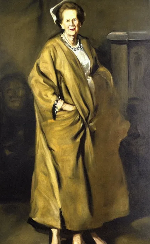 Prompt: an oil portrait of margaret thatcher in ceremonial robe keeping chained distressed servals at her feet, high quality, artstation, higly detailed, art by velaquez rubens and francisco goya, dark lighting