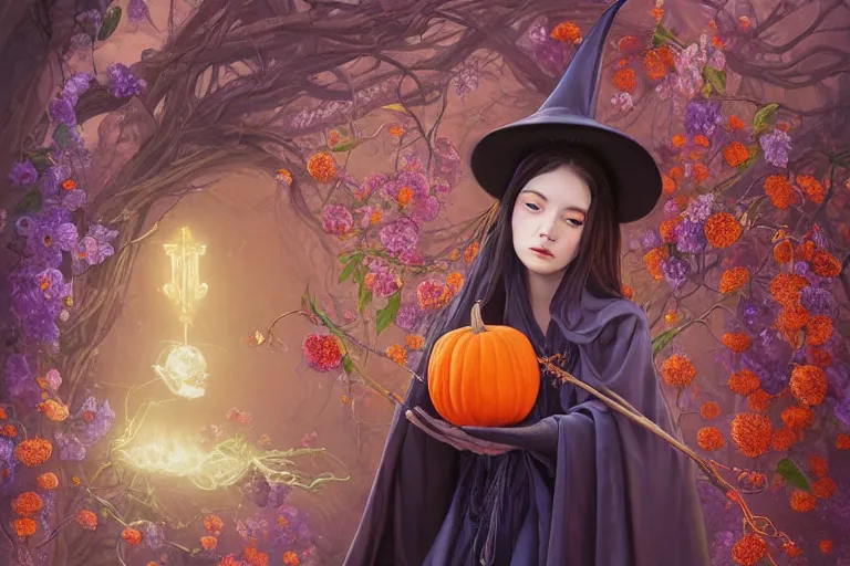 Prompt: breathtaking detailed concept art painting of a young witch, orthodox saint, with piercing purple eyes, ornate background, amalgamation of pumpkins and flowers, by Hsiao-Ron Cheng, James jean, Miho Hirano, Hayao Miyazaki, extremely moody lighting, 8K