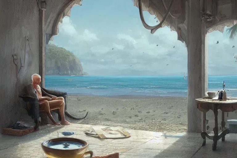 Prompt: a matte painting of a man sitting down and having a cup of tea in his house by the beach, by greg rutkowski,