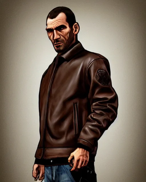 Image similar to niko bellic brown leather jacket, gta 4 loading screen artwork