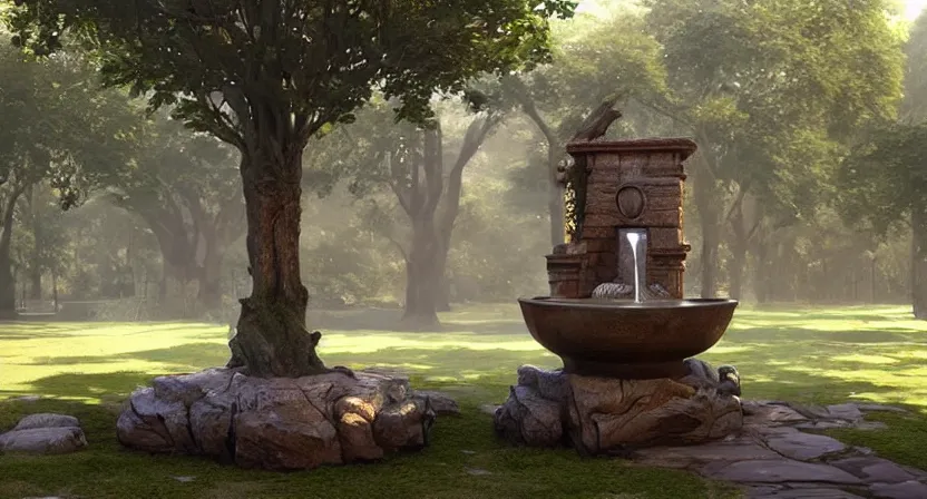 Image similar to a water fountain made out of a tree, concept art by Doug Chiang cinematic, realistic painting, high definition, digital art, symmetrical, very detailed, extremely high detail, photo realistic, concept art, unreal engine 5,